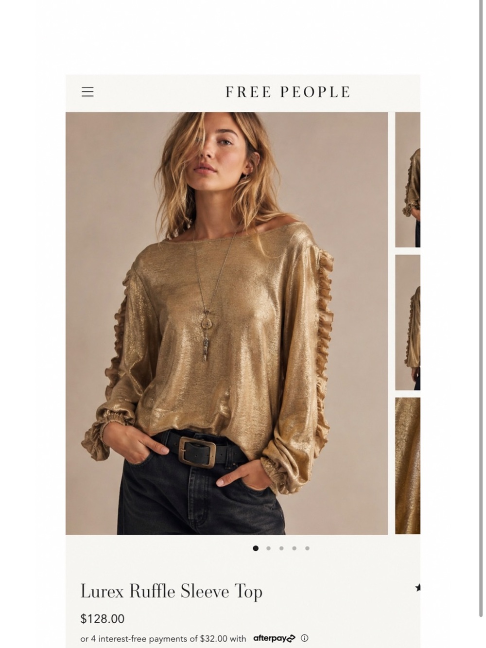 Free People Metallic Gold Ruffle-Sleeve Top